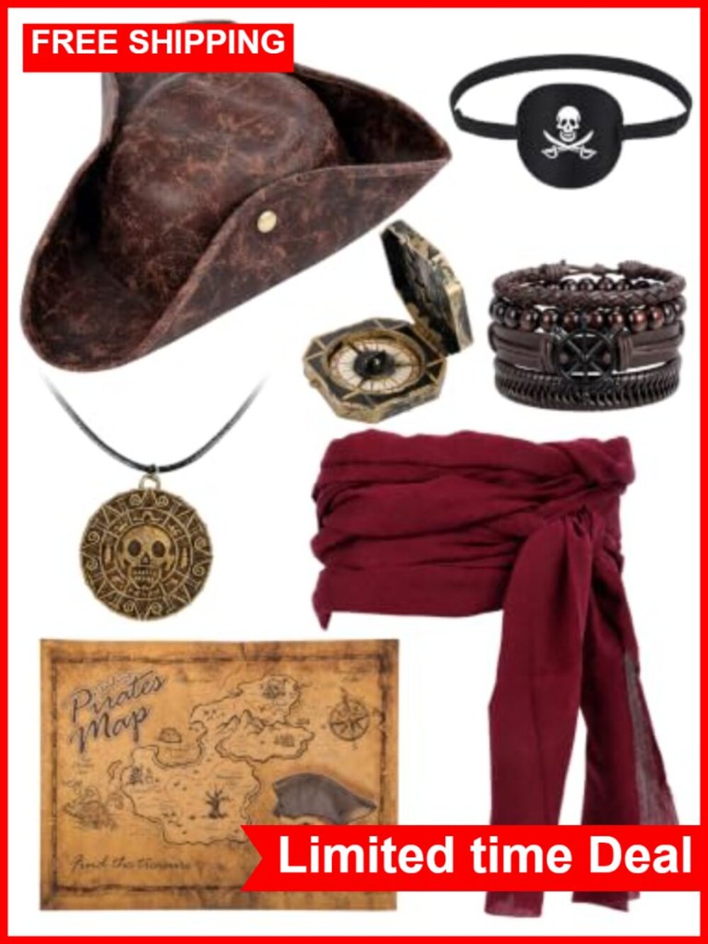 Pirate Costume Accessories Set with Hat, Eye Patch, Sash, Map, 7 Pcs